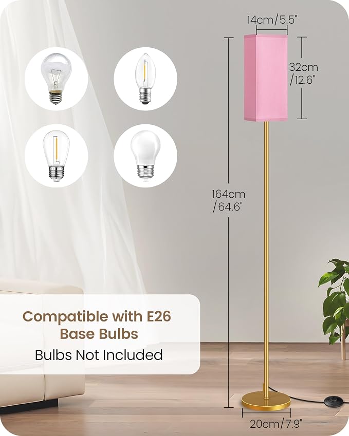 Floor Lamp, Pole with Foot Switch, Modern Standing Lamp Lampshade, Minimalist Freestanding Lamp (Bulb Not Included), for Living Room, Bedroom Office ETL Listed, Gold and Pink DP07LD05