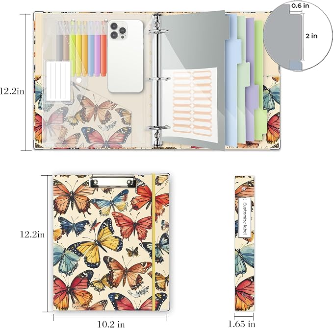 3 Ring 1 Inch Binder Organizer, KLLVE Three Ring Binders with Clipboard, 5-Tabs Pockets Dividers, Plastic Folder, 18 Divider Stikers,Pen Loop (Butterfly, Letter Size)