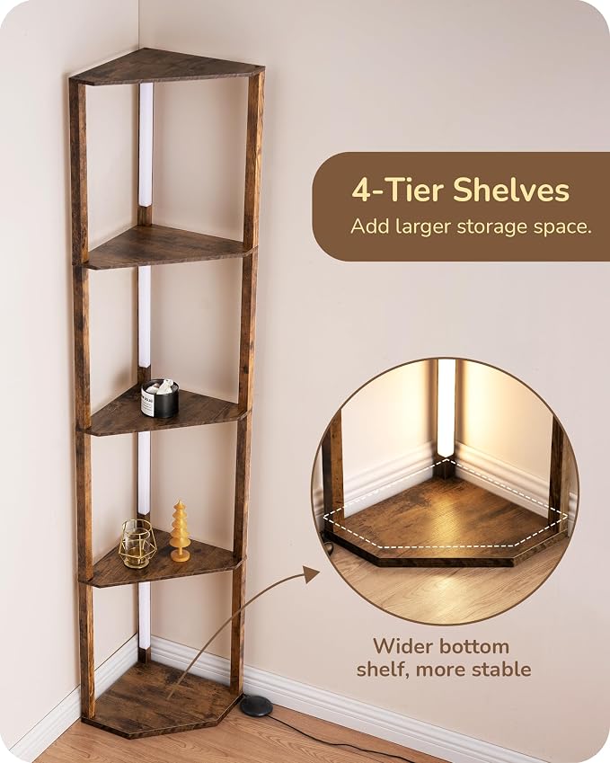 EDISHINE 64'' Corner Shelf Floor Lamp, 3CCT, Corner Floor Lamp, Burlywood | Stepless Dimmable, Foot Switch, 4-Layer Shelf, for Living Room, Bedroom, Apartment, TV Stand, Entryway Table, Conference room