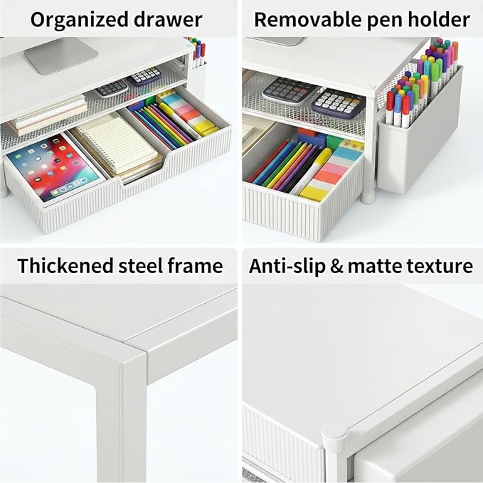 ECOLOVI Desk Organizer and Accessories, 2-Tier Computer Monitor Stand Rise with Storage Drawer & 2 Pen Holders, Laptop & Printer Stand for Desktop, Workspace Organizers for Office Supplies (White)
