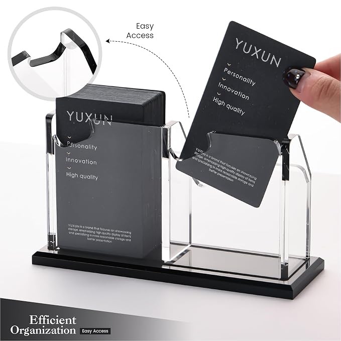 YUXUN Business Card Holder for Desk Vertical 1 Tier 2 Slot ,Black Acrylic Business Card Display Stand for Men & Women,Desktop Business Card Organizer for Office Home Exhibition, 100 Card Capacity