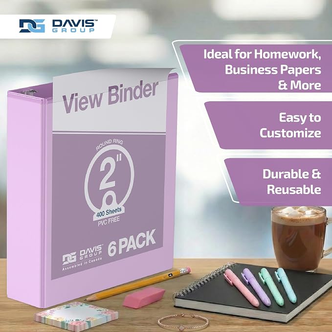 Pack of 6 Premium View Binders, Ring Binders with Clear-View Cover and Interior Pockets, Pastel Color Options, 2 Inch, Lavender