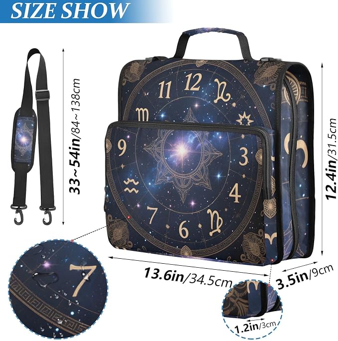 3 Ring Zipper Binder with Shoulder Strap Astrology Sun Time 1.5 inch Binders Keeper Large Capacity Multi Pockets for School Office Supplies