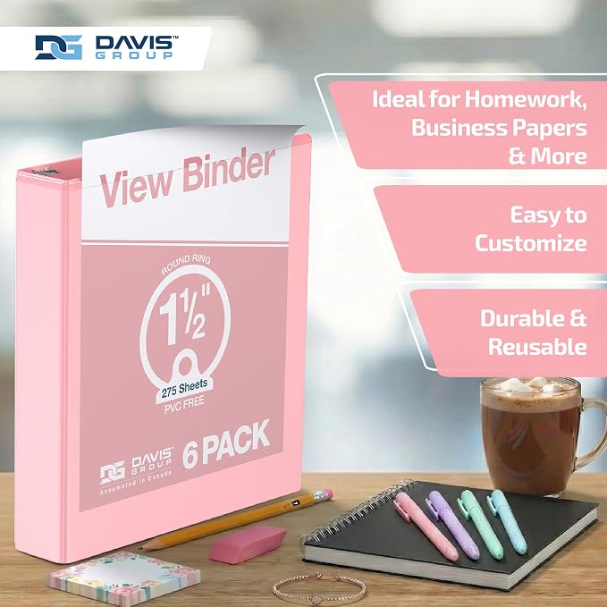 Pack of 6 Premium View Binders, Ring Binders with Clear-View Cover and Interior Pockets, Pastel Color Options, 1.5 Inch, Blush