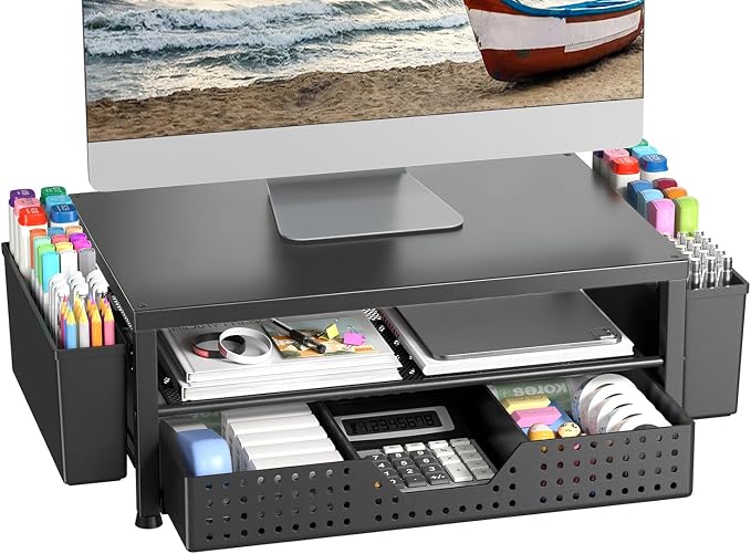 Monitor Riser, Laptop Stand for Desk, Office Desk Organizer and Accessories, Computer Monitor Stand, Desktop Shelf with Drawer and Pen Holder, Printer Stand for Home, Office, Dorm (Black)