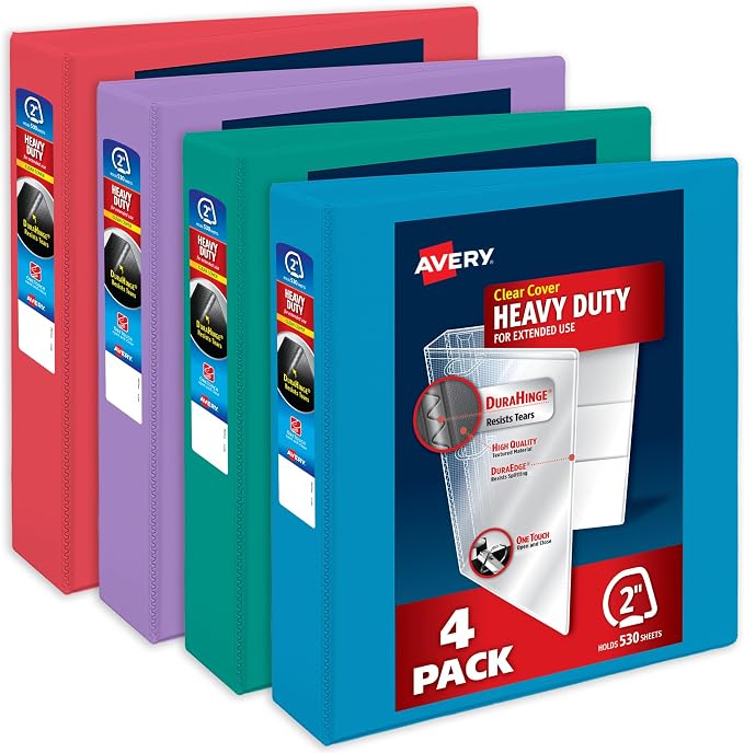 Avery Heavy-Duty View 3 Ring Binders, 2", 4 Assorted Bright Binders | For Heavy School, Home and Office Use, DuraHinge Tear-Resistant Spine, DuraEdge Split-Resistant Sides, Interior Pockets