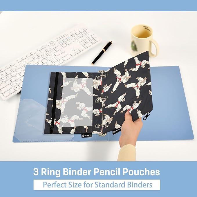 Karate Black Background Pencil Pouch for 3 Ring Binder, 2 Pack Waterproof Pencil Bags Clear Window Pencil Case Zipper School Office Supplies