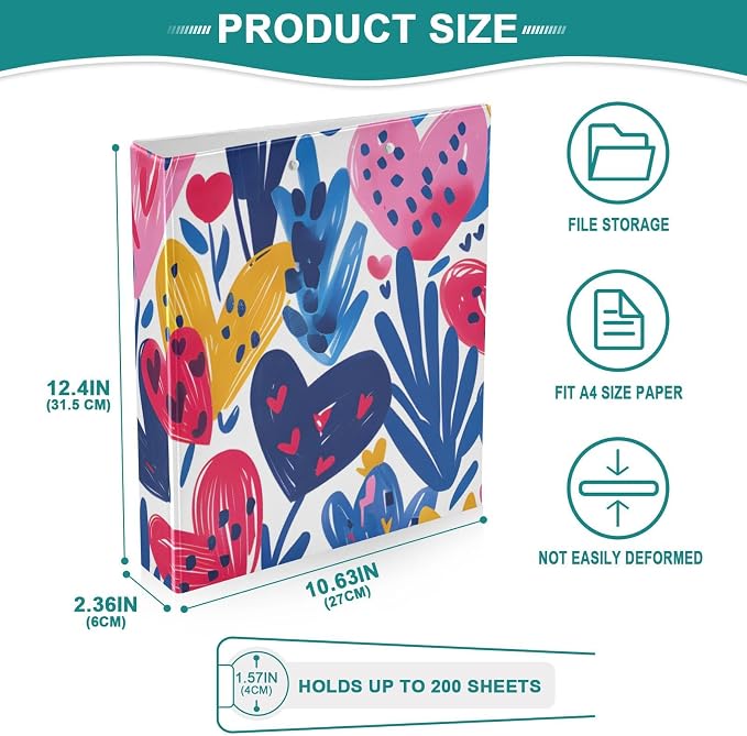 3 Ring Binder Heart Plant Grass Pattern 1.5 inch Binders Three Ring Binders with Clipboard Fit 8.5'' x 11'' Paper 3 Interior PVC Clear Pockets for Office Supplies