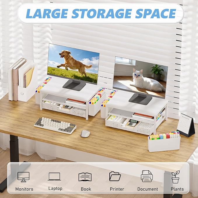 Desk Organizers and Accessories, Computer Monitor Stand Riser with Drawer and 2 Pen Holders, Printer & Laptop Stand, Office Desk Accessories & Workspace Organizers for Home Office Supplies, White
