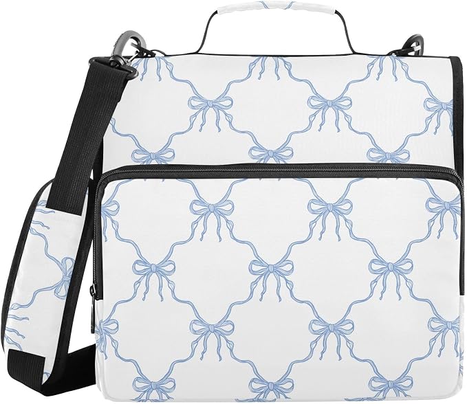 Aslsiy Zipper Binder Bag for Girls Boys Various Blue Bows Ribbon White (1) Kids 1.5 inch 3-Ring Binder Organizer with Shoulder Strap for School Office Supplies