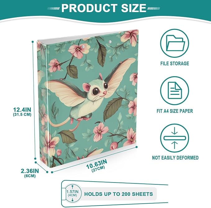 Cartoon Sugar Glider Green Decorative 3 Ring Binder 1.5 Inch Large View Binders with Pockets Holds 200 Sheets File Organizer for Office College School, 1 Pack