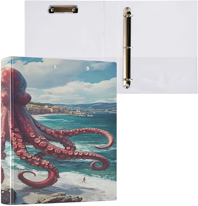 3 Ring Binder Octopus Ocean Nautical Coastal 1.5 inch Binders Three Ring Binders with Clipboard Fit 8.5'' x 11'' Paper 3 Interior PVC Clear Pockets for Office Supplies