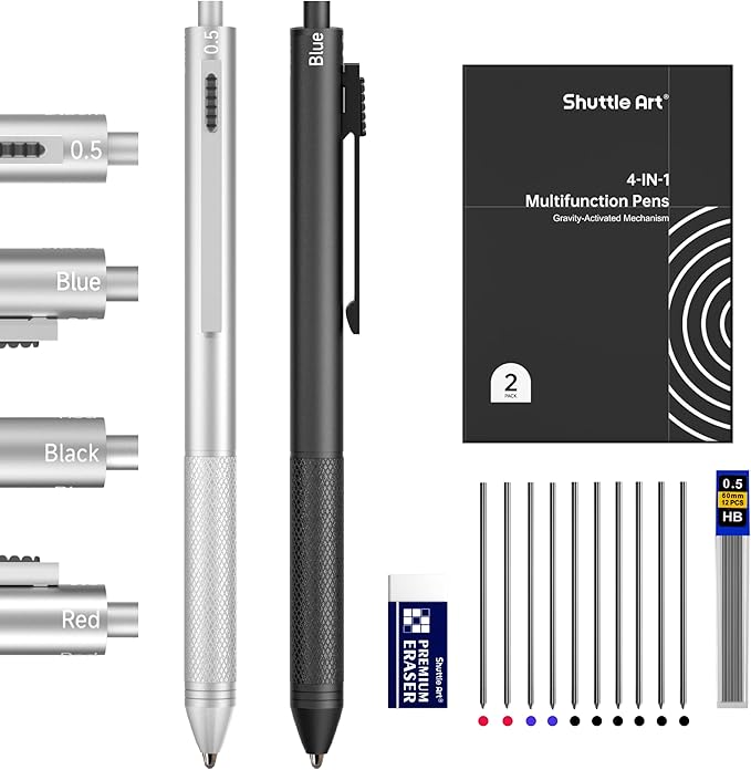 Shuttle Art 4 in 1 Multicolor Pen, 2 Pack Retractable Ballpoint Pens with 1.0mm Black Blue Red Ink and 0.5mm Mechanical Pencil, Multifunction Pens Gift Set for Writing Note Taking School Office Home