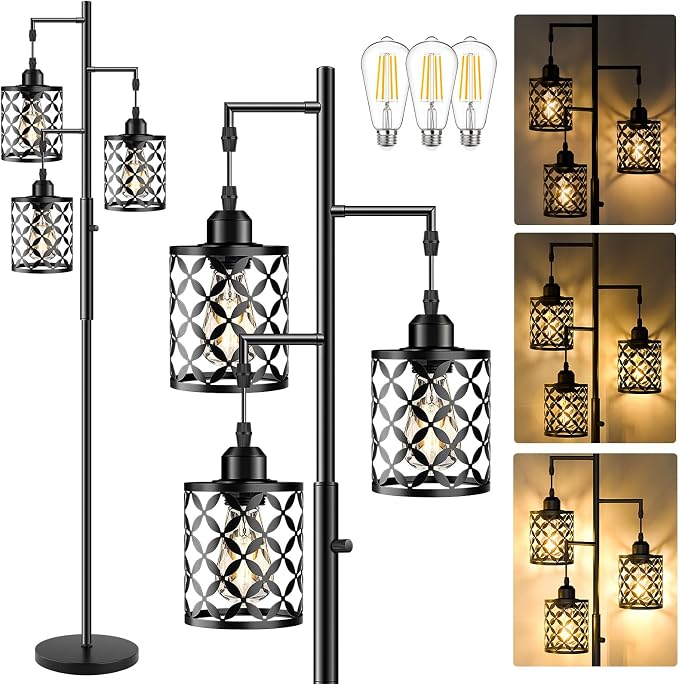Dimmable Floor Lamp, Farmhouse Standing Lamp with Elegant Metal Cage, Industrial Tall Tree Floor Lamps for Living Room Bedroom Study Room Office, 3 x 800LM LED Bulbs Included - 72", Black