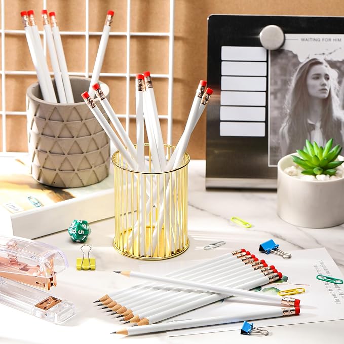 Outus 24 Pieces Round Pencils Cute HB Graphite Wood Pencils Bulk with Eraser for School Writing Drawing Sketching Wedding Office Supplies(White)