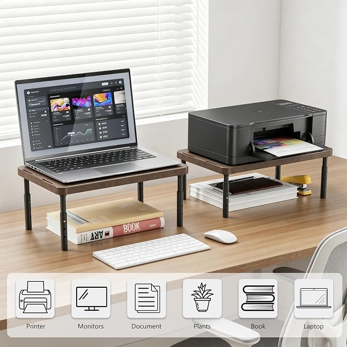 WALI Plastic Computer Monitor Stand, Adjustable Laptop Riser, up to 44 lbs | Desk Monitor Riser Underneath Storage, Fits Notebook, Laptops, Printers, for Home, Office, School(PTT001-C),1 Pack,Brown