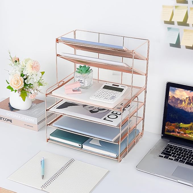 Desk Organizer, 6-Tier Paper Organizer Letter Tray, Rose Gold | Desk Organizers and Accessories, Office Desk Accessories & Workspace Organizers, Desktop File Organizer for Office Supplies