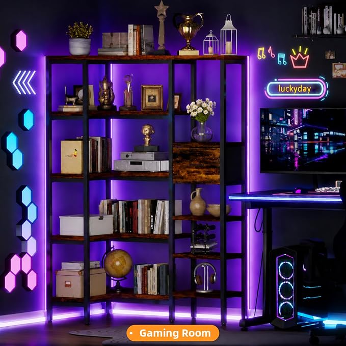 L-Shaped Corner Bookshelf with LED Light Strips & Fabric Drawer, 5-Tier Industrial Convertible Book Shelf Freestanding Display Shelf for Living Room, Home Office, Bedroom (Rustic)
