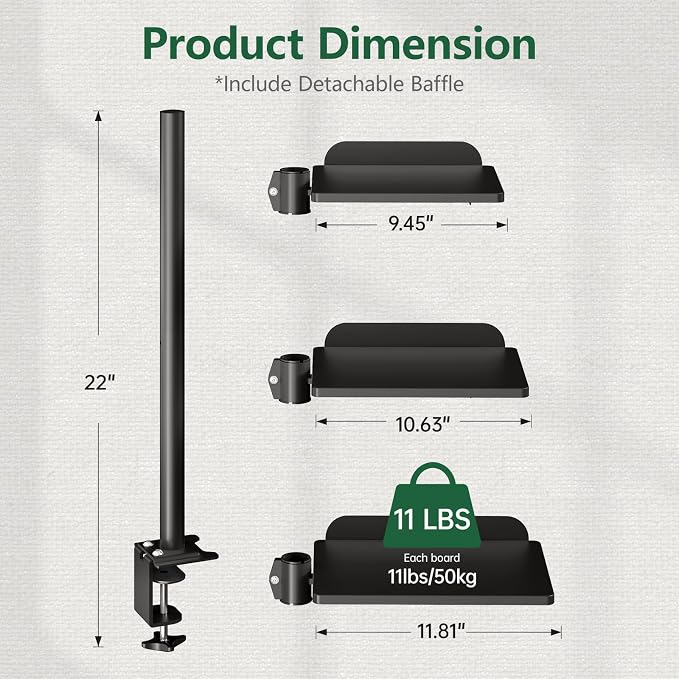 3 Tier Clamp on Desk Shelf, 360° Rotatable Desk Riser, Black | Height Adjustable Desktop Storage Tray with Baffle, Over or Under Desk Organizer Shelf for Office Accessories