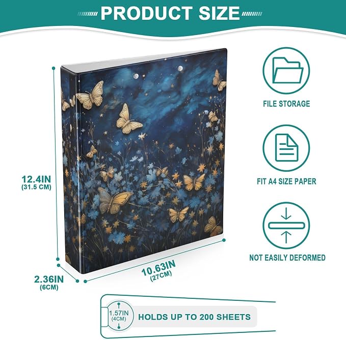 3 Ring Binder, Butterfly at Night File Folder Holds 200 Sheets File Storage for Women Men School Office Supplie