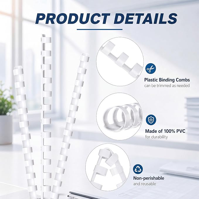 Maitys 300 Pcs Plastic Binding Combs Bulk 19 Ring Comb Spines Letter Size Spiral Binding for Notebook Calendar Picture (3/8inch,White)