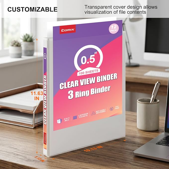 Customizable Round Ring Binder, 0.5 Inch 3 Ring Binder, Minimalist PVC-Free Binder with Clear View Cover, Lay-Flat Design for Lightweight Daily Organization at Home, School & Office