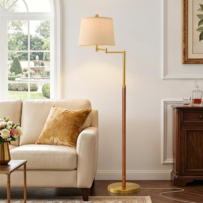 G-SAFAVA Real Wood Floor Lamps for Living Room Bedroom, 61" Floor Lamp with 350° Adjustable Swing Arm Vintage Lamps for Living Room