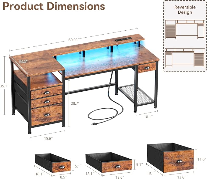 Furologee 60" Computer Desk with 4 Drawers, Power Outlet, LED, Rustic Brown | Home Office Desk with Full Monitor Stand,Storage Shelves, 4 File Drawers Cabinet ,Printer Space for Study Working Bedroom