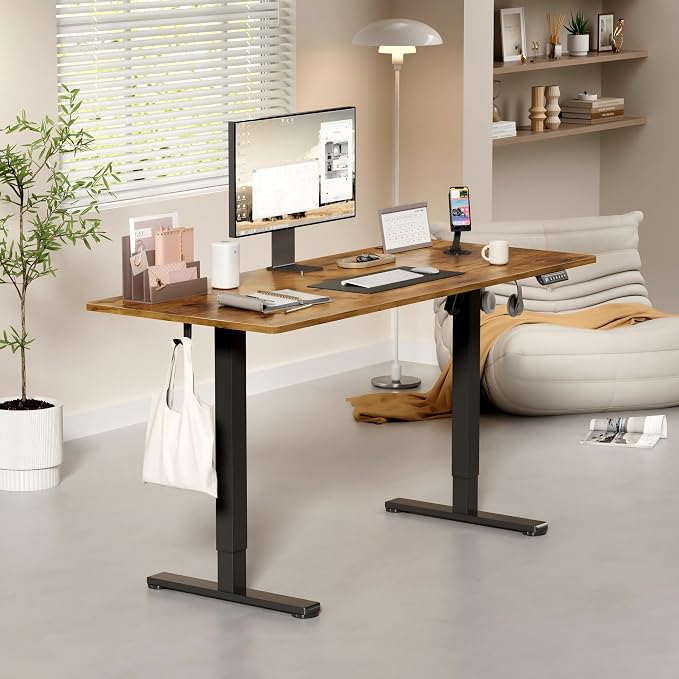YESHOMY Height Adjustable Electric Standing Desk, 55 x 24 Inches Memory Home Office Sit Stand up Desk with Phone Holder and USB Charging Port, Rustic Brown
