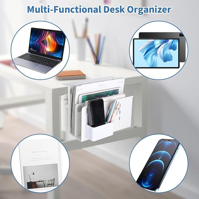 2 Tie Desk Side Storage, Under Desk Storage Organizer, White | osseph Desk Shelf, Standing Desk Accessories, Magnetic File Holder, No Drill Clamp to 0.5-2.38" Desks, 30 Lbs Carbon Steel