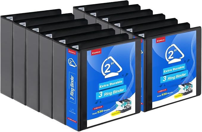 COMIX Heavy Duty Slant-D Ring View Binder, 2 inch 3 Ring Binders, Hold 500 Sheets of 8.5" x 11" Paper, 12 Pack (Black)