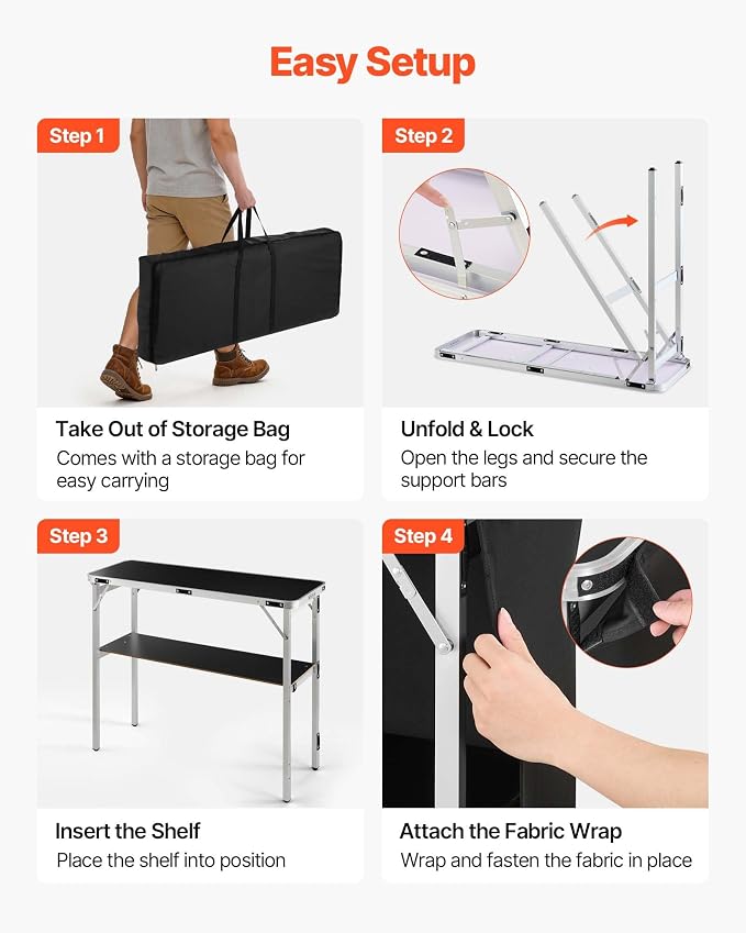 VEVOR Folding Portable Bar Table, 43.3 x 15.2 x 34.8 in, with Carry Bag, Storage Shelf, and Detachable Skirt, Quick and Easy Setup, Foldable Mobile Bartending Station for Events, Party, Tradeshow