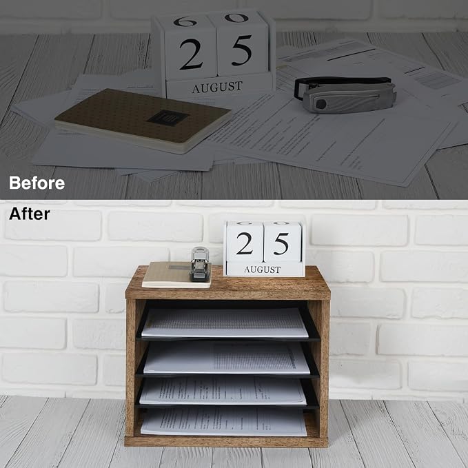 J JACKCUBE DESIGN Rustic Wood Desk Organizer 4 Compartment Paper File Holder for Home and Office, Document Storage, File sorter, Mail and Letter Tray- MK560A
