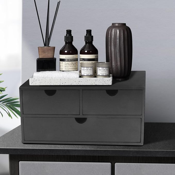 Charmewooden Bamboo Desk Organizer with 3 Drawers, Countertop Organizer with Drawers Makeup Storage Drawer 3 Drawer Tabletop Storage Organization Box Home Office Workspace（Black）