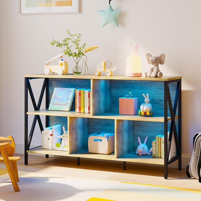 47" 5 Cube LED Bookshelf, Industrial Wood Metal Low Wide Bookcase, Oak | Multicolored LED lights, 320lbs heavy duty, 30-min assembly, open cubby storage, for living room game room