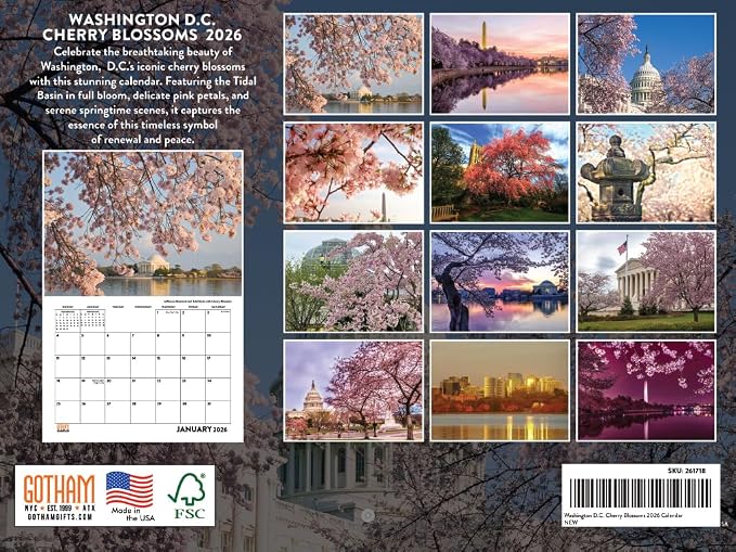 Washington DC Cherry Blossom Calendar 2026 Wall 12 Month Monthly DC Scenic Souvenirs Themed Gifts | American Made In The USA