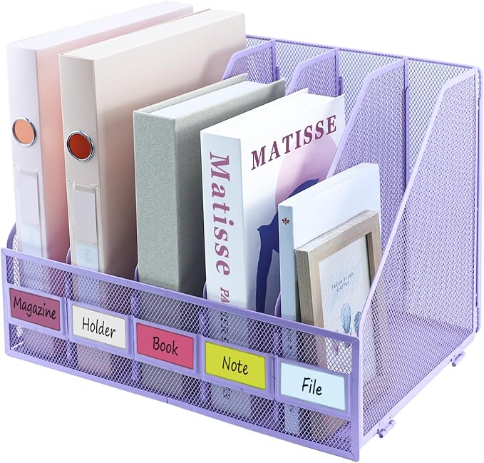 Desk Organizers, Metal Magazine File Holder with 5 Vertical Compartments Rack Binder File Organizer for Office Supplies, Home Workspace - Purple