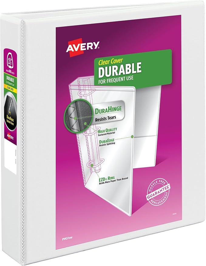 Avery Durable View 3 Ring Binder, 1-1/2 Inch EZD Rings, 1 White Binder (09401) (Pack of 12)