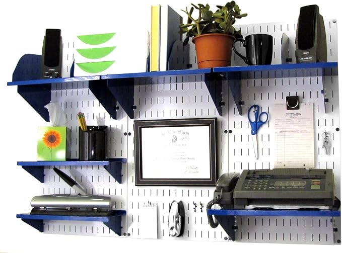 Wall Control Office Organizer Unit Wall Mounted Office Desk Storage and Organization Kit Slotted White Wallboards and Blue Accessories