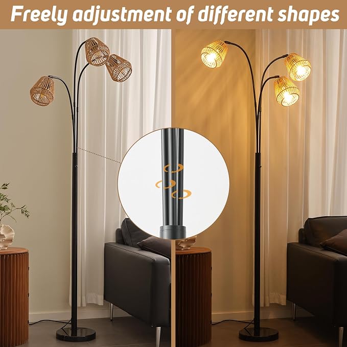 Rattan Floor Lamp for Living Room, 72'' 3-Light Boho Standing Lamp | Heavy Natural Marble Base, 1/2/3-Light Rotary Switch, Wicker Shades for Reading Corners Bedrooms