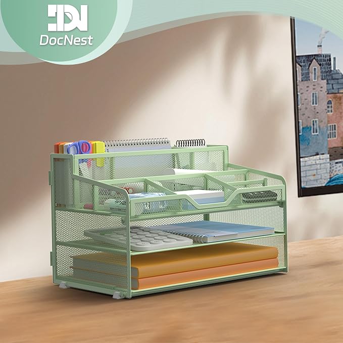 Docnest 3 Tier Mesh Desk Organizer with Letter Tray & Paper Sorter, Green | Features 3 built-in pen holders & 5 adjustable compartments on top. Includes 4 non-slip rubber feet for desk protection