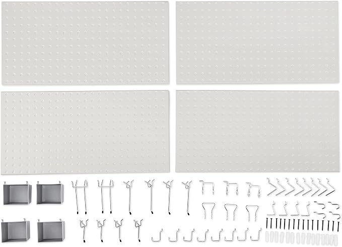 Amazon Basics Rectangular Metal Pegboard Wall Organizer, Tool Storage Organization System, Rust and Scratch Resistant, 48-Piece Kit, Gray
