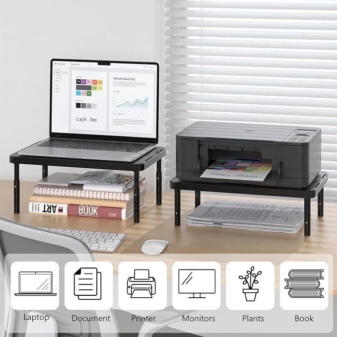 WALI Dual Monitor Riser for Desk, Adjustable Laptop Riser, up to 44 lbs | Computer Monitor Stand with Airflow Vents, Fits Monitors, Notebook, Printers, for Home, Office, School (PTT001‑2), 2 Pack