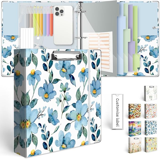 2 Inch 3 Ring Binder Organizer, Three Ring Binders with Clipboard, 5-Tabs Pockets Dividers, Plastic Folder, 18 Divider Stikers, KLLVE Decorative Binder with Pen Loop (Blue Flora, Letter Size)