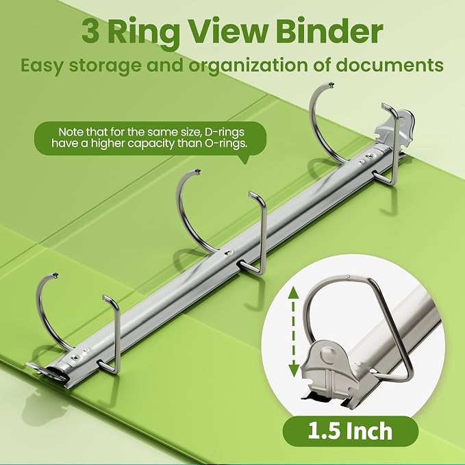 SUNEE 3 Ring Binder 1.5 Inch D Ring, Clear View Binder Three Ring PVC-Free (Fit 8.5x11 Inches) for School or Office Supplies, Tender Green, 1 Pack