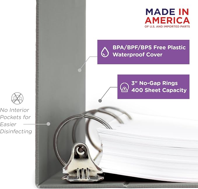 Carstens 3-Inch Heavy Duty 3-Ring Binder - Side Opening, Ash Gray, Durable Plastic, Precision No-Gap Rings, Waterproof Cover, No Pockets, Holds 400 US Letter Sheets, BPA-Free, Made in USA (1742-3R)