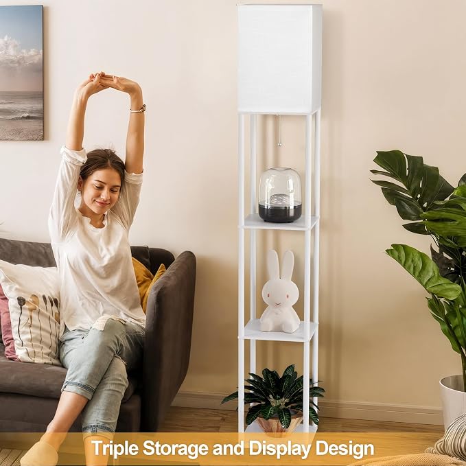 Floor Lamp with Shelves for Living Room 2 Pack, Shelf Floor Lamp with 3 CCT LED Bulb, Corner Display Standing Column Lamp Etagere Organizer Tower Nightstand with White Linen Shade for Bedroom, White