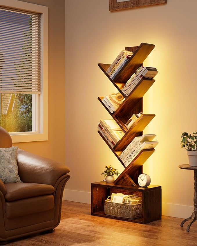 Evermagin 6 Tier Tree Bookshelf with Lights, LED Book Tree Bookcase | Rustic Brown with Storage Organizer, Small Corner Bookshelf Floor Standing Book Shelf for Living Room, Bedroom & Home Office