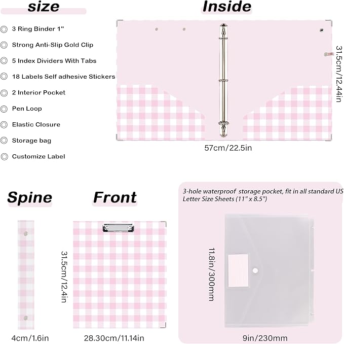 3 Ring Binder 1 inch with Clipboard - Pink & White Grid Design, Includes Dividers, File Bag & Spine Label - Ideal for Students and Professionals, Holographic Waterproof Film