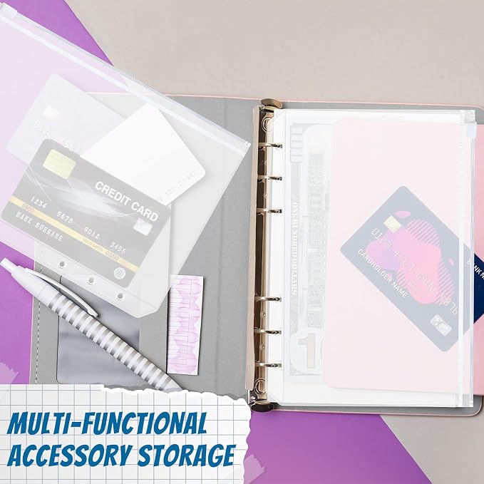 Zonon 30 Pcs A5 6 Rings Tansparent Zipper Binder Pouches Clear Binder Pockets with Zipper Folders Waterproof PVC Loose Leaf Bags Filling Bags for Pen Pencil Notebooks File Document